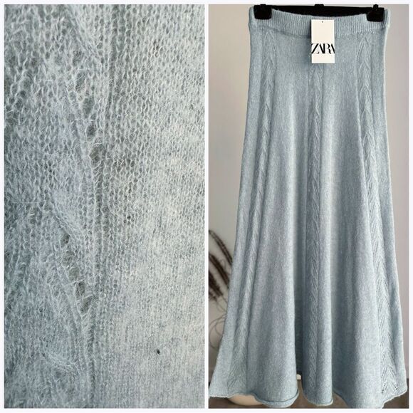 Zara Light Blue Pointelle Alpaca Wool Knit Skirt New - Picture 3 of 6